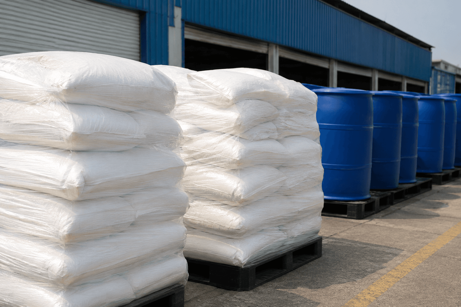Packed drums and bags awaiting despatch